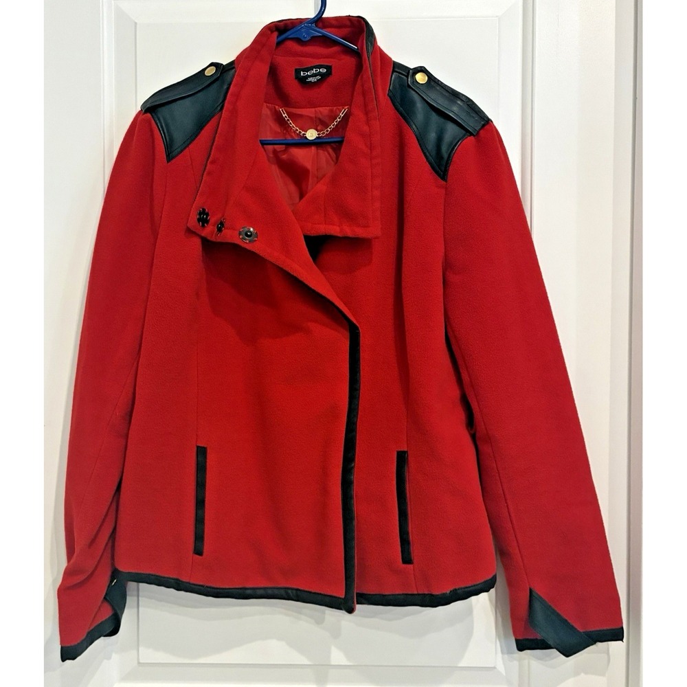 Bebe Red Asymmetrical Moto Jacket Womens XL Black Faux Leather Trim Fall Edgy